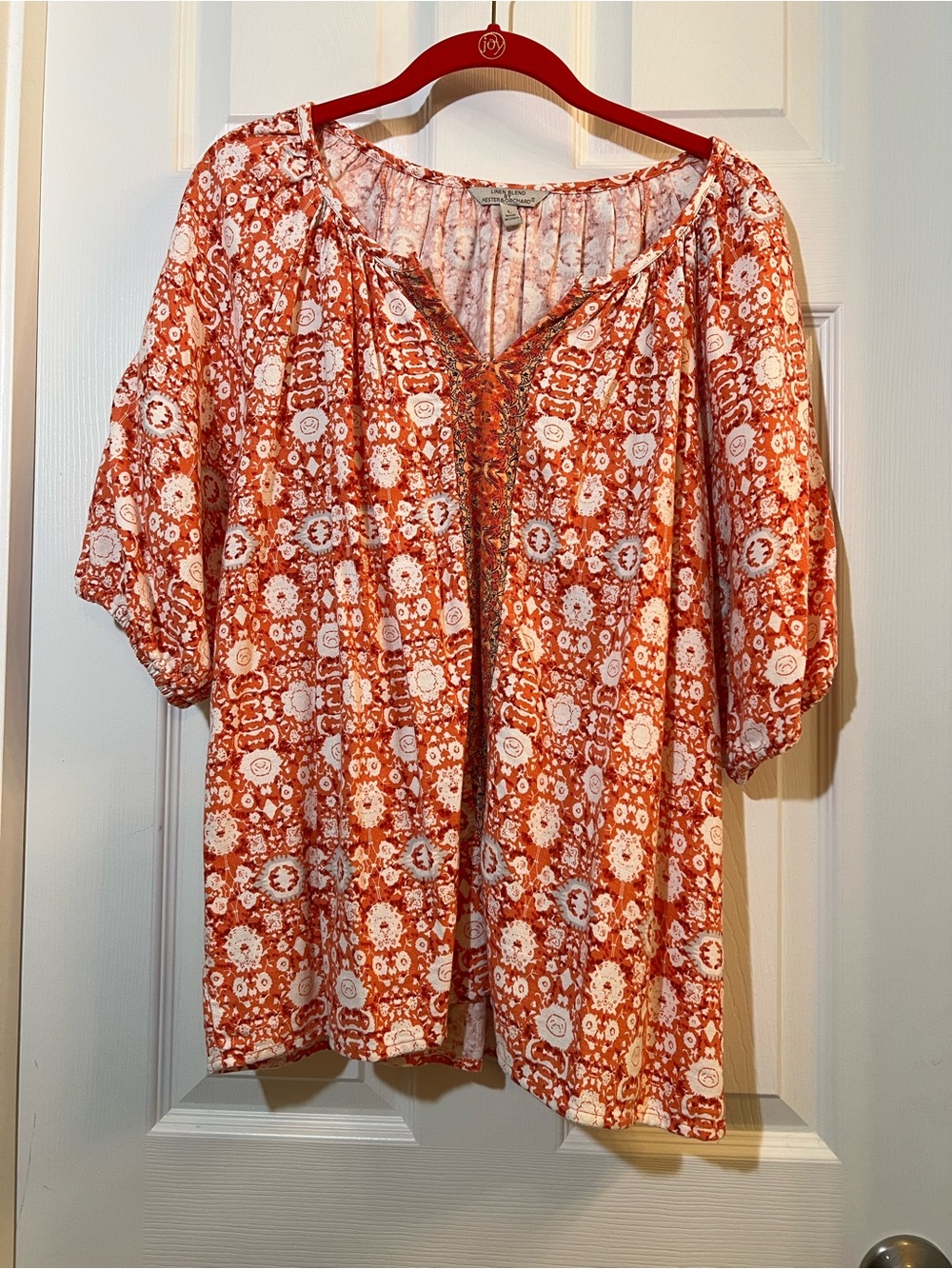 🦋 Women's Floral linen blend Peasant Tunic Top by Hester & orchid size large - Picture 2 of 5